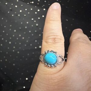Synthetic Turquoise Ring Size 7, Silver Tone Round Stone Statement Ring